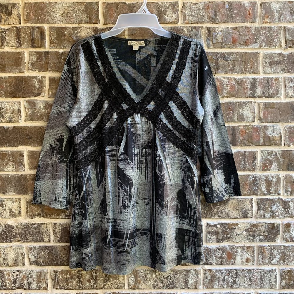Energe Women's V-neck Long Sleeves Top Blouse Lace Trim Gray Black Size M